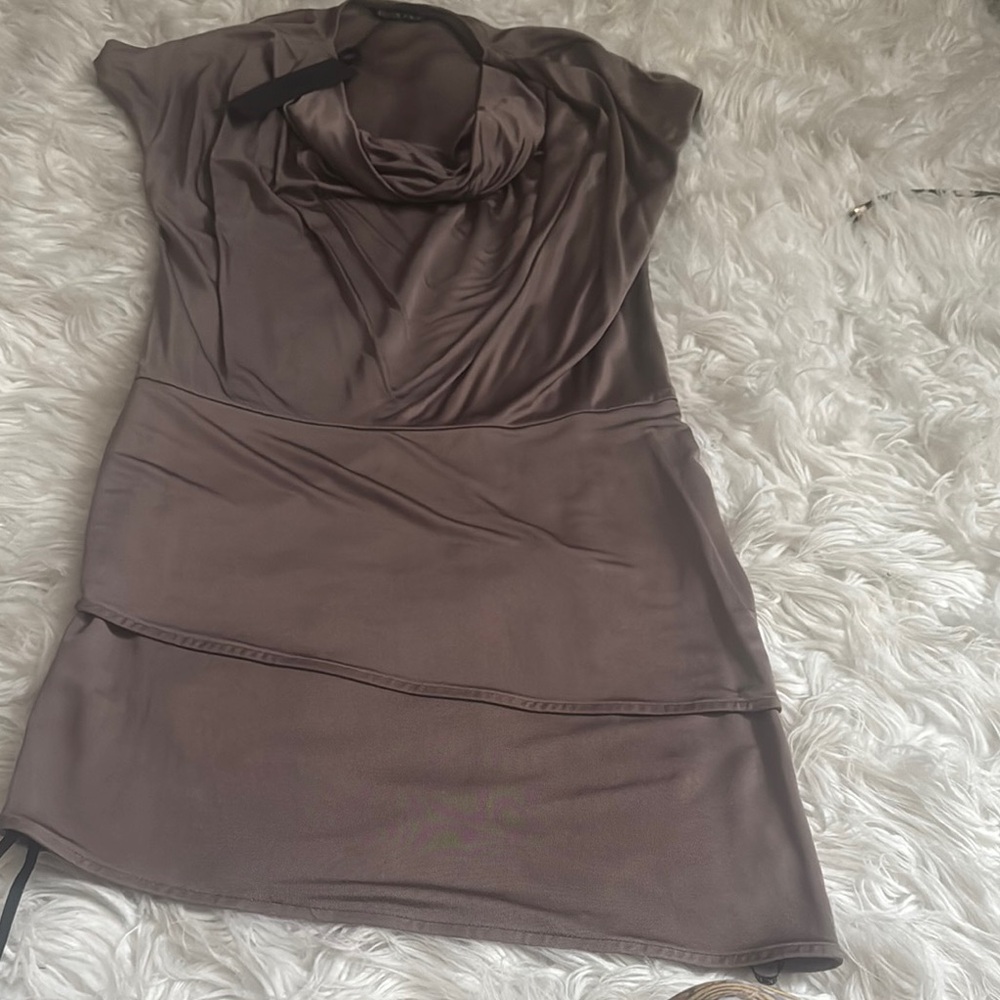 Black Halo Brown Ruched Cowl Neck Mini Dress